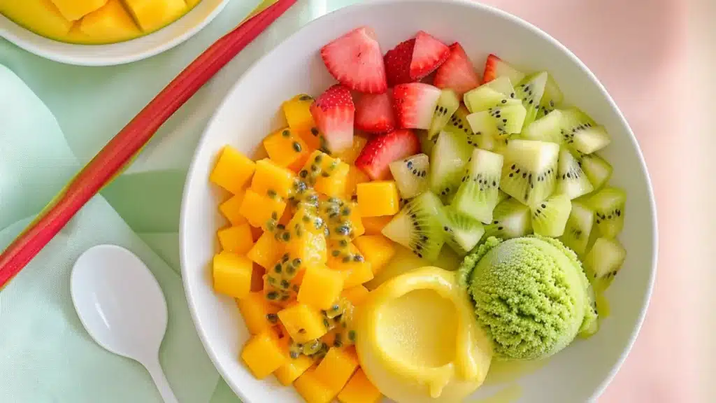 Delicious Exotic Fruit Tartare with Matcha & Basil Granita – Easy 30 Minute Dessert 6 Exotic fruit tartare with mango sorbet and matcha–basil granita on a white plate.