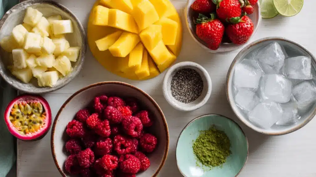 Delicious Exotic Fruit Tartare with Matcha & Basil Granita – Easy 30 Minute Dessert 2 Flat lay of diced tropical fruits, basil, matcha, sugar, lime, and ice for fruit tartare with matcha–basil granita