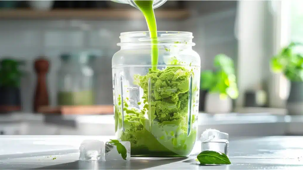 Delicious Exotic Fruit Tartare with Matcha & Basil Granita – Easy 30 Minute Dessert 4 Basil syrup, matcha tea, and ice in a blender for a quick granita.
