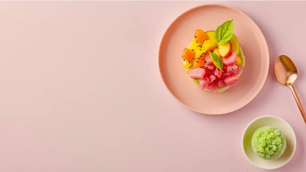 Delicious Exotic Fruit Tartare with Matcha & Basil Granita – Easy 30 Minute Dessert 11 Minimal banner with plated fruit tartare and space for recipe call-to-action.
