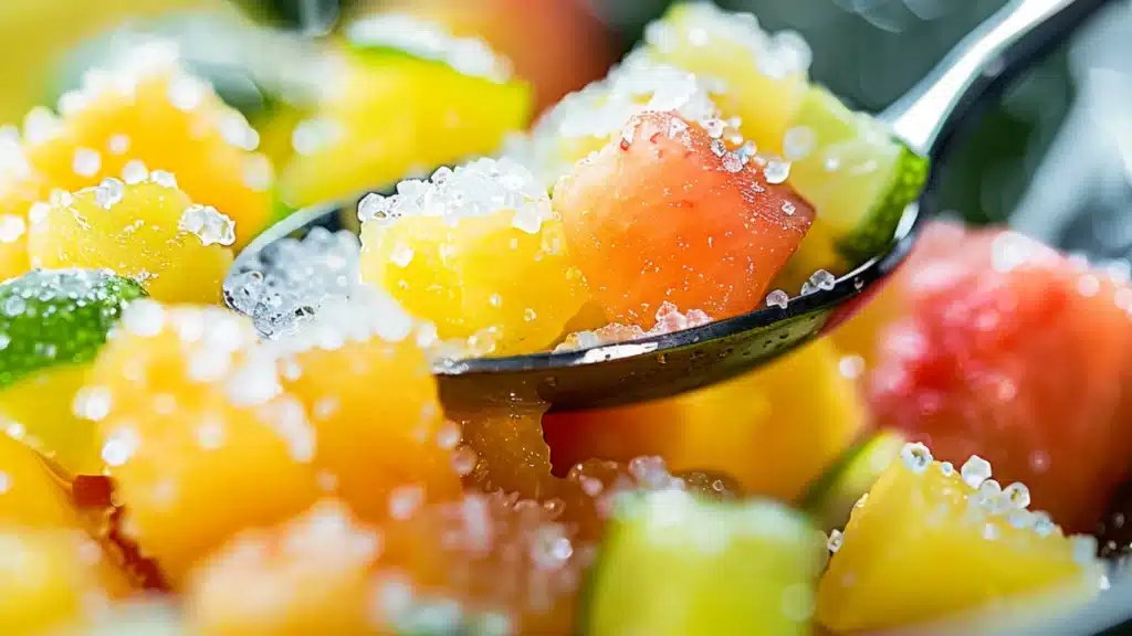 Delicious Exotic Fruit Tartare with Matcha & Basil Granita – Easy 30 Minute Dessert 3 Macro of lime juice and sugar added to diced fruit for tartare