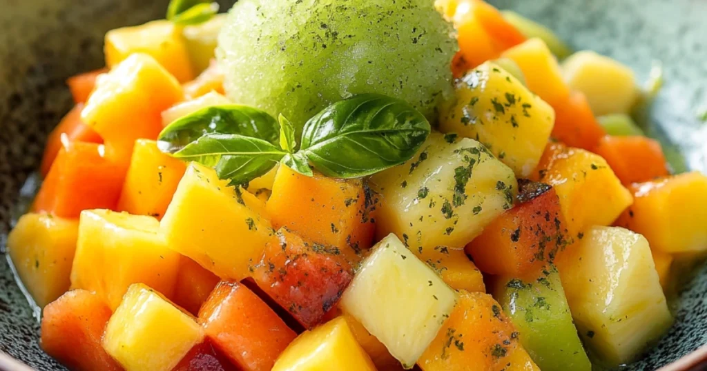 Exotic fruit tartare topped with matcha tea and basil granita