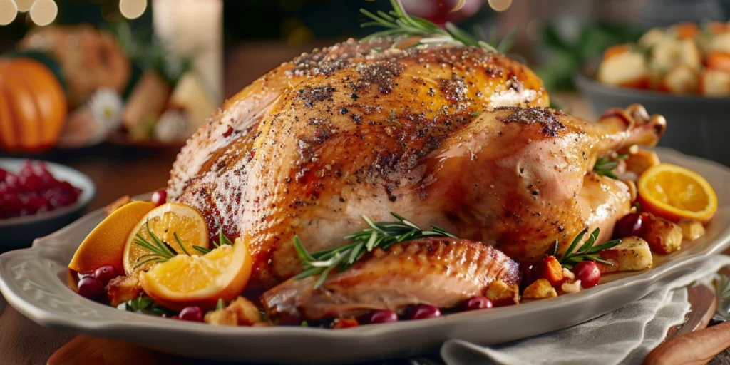 Juicy roast turkey with crispy, golden-brown skin garnished with fresh herbs, rosemary, thyme, and citrus slices, surrounded by vibrant Thanksgiving side dishes on a festive table