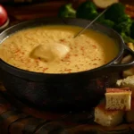 Golden cheese fondue recipe bubbling in a traditional pot, surrounded by crusty bread, broccoli, apple slices, and pretzels on a rustic wooden table