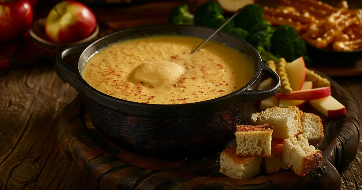 Golden cheese fondue recipe bubbling in a traditional pot, surrounded by crusty bread, broccoli, apple slices, and pretzels on a rustic wooden table