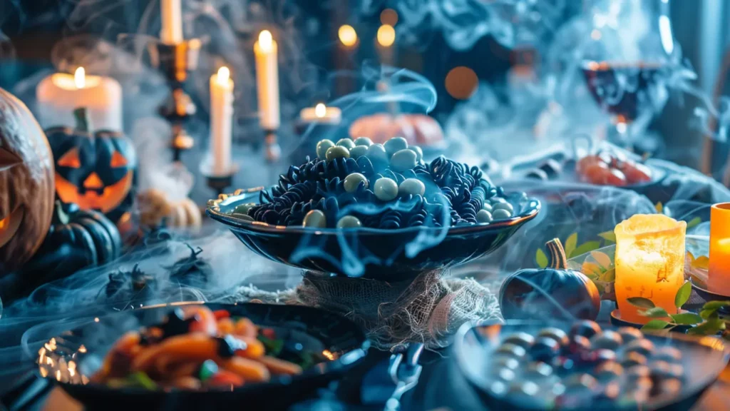 Halloween pasta salad presentation with spooky carrots, mozzarella eyeballs, black pasta, and olives served in a festive black cauldron with fog.