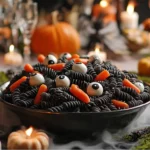 Halloween pasta salad presentation with black spiral pasta, mozzarella olive eyeballs, spooky carrots, fog effect, pumpkins and candles.