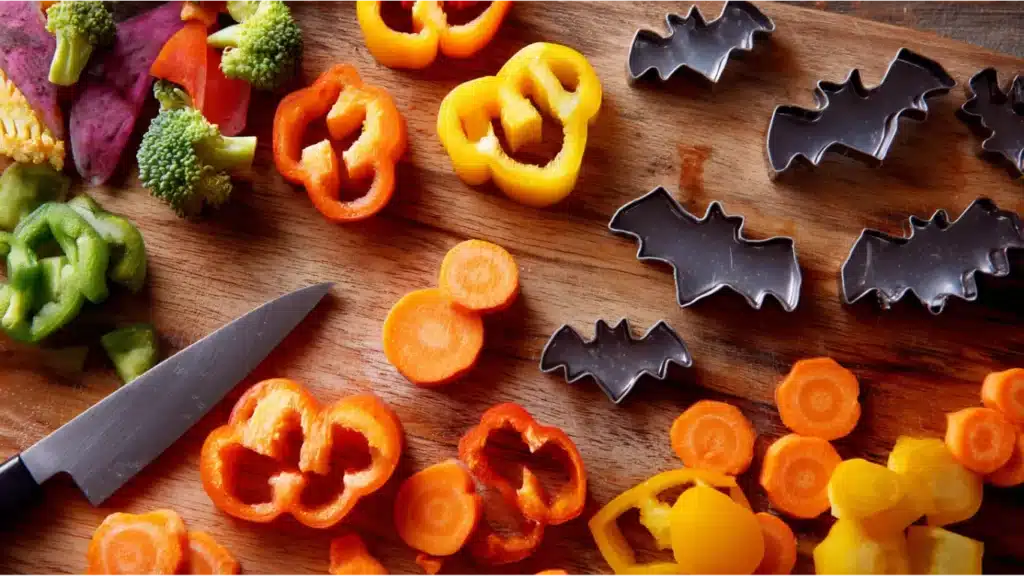Bell peppers and carrots cut into spooky Halloween shapes with cookie cutters.