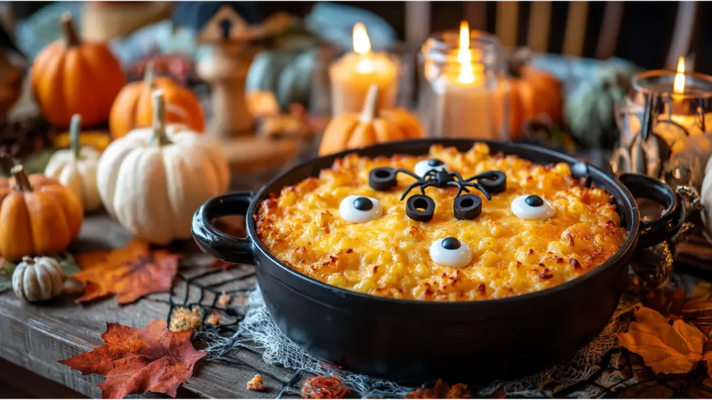 Cheesy Halloween mac and cheese in black cauldron with orange sauce, mozzarella eyeballs, and spiderweb topping.