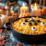 Cheesy Halloween mac and cheese in black cauldron with orange sauce, mozzarella eyeballs, and spiderweb topping.