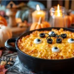 Cheesy Halloween mac and cheese in black cauldron with orange sauce, mozzarella eyeballs, and spiderweb topping.