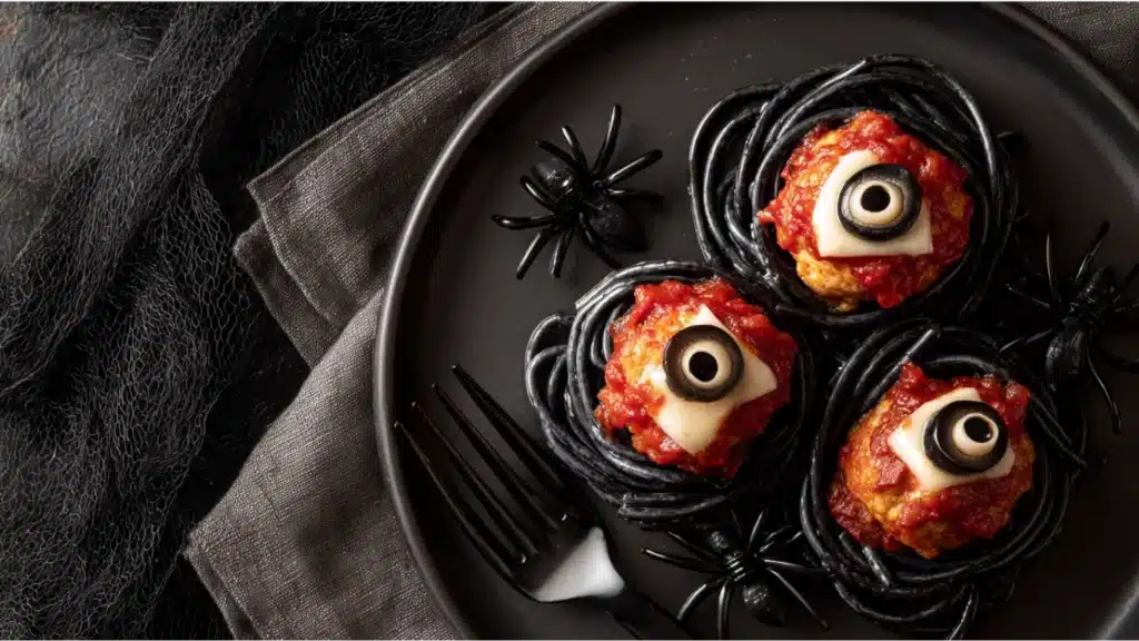 Halloween Pasta Appetizers hero: eyeball spaghetti with marinara, pesto and basil.
