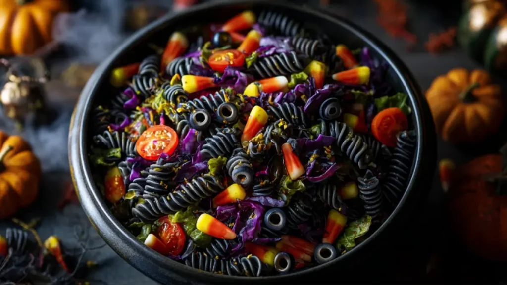 Halloween pasta salad presentation in black cauldron with fog, black pasta