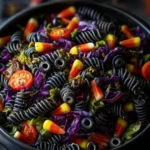 Halloween pasta salad presentation in black cauldron with fog, black pasta