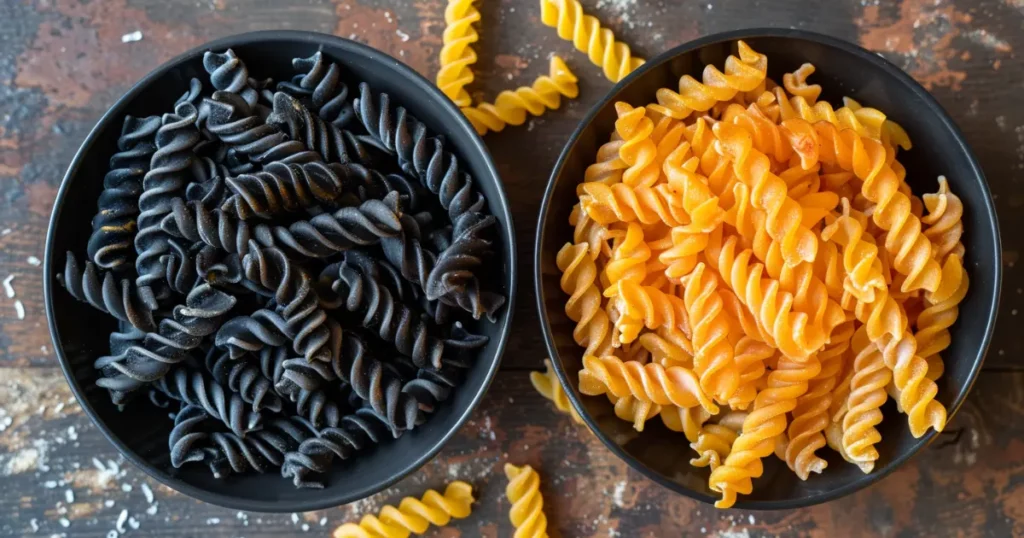 black and orange fusilli pasta made with squid ink and pumpkin puree