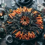 halloween fusilli pasta black and orange surrounded by witch finger cookies and red sauce bowl