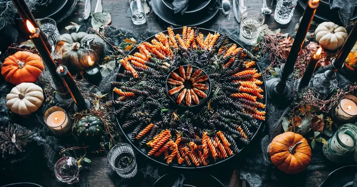 halloween fusilli pasta black and orange surrounded by witch finger cookies and red sauce bowl