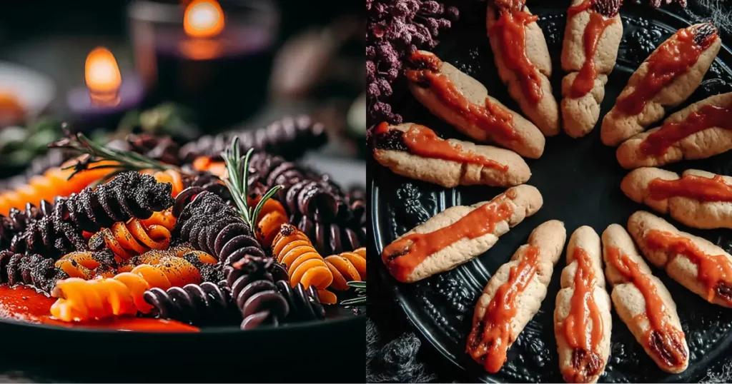 black and orange fusilli pasta surrounded by witch finger cookies with almond nails and red sauce