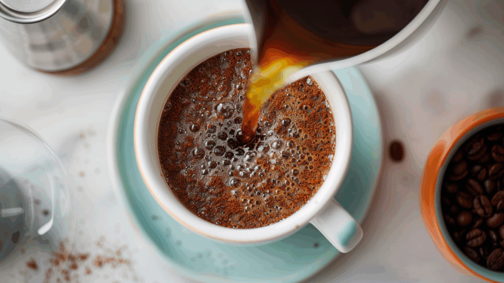 Hot water poured over ground coffee in a clear mug, showing the first bloom on a bright, minimal background for easy homemade coffee