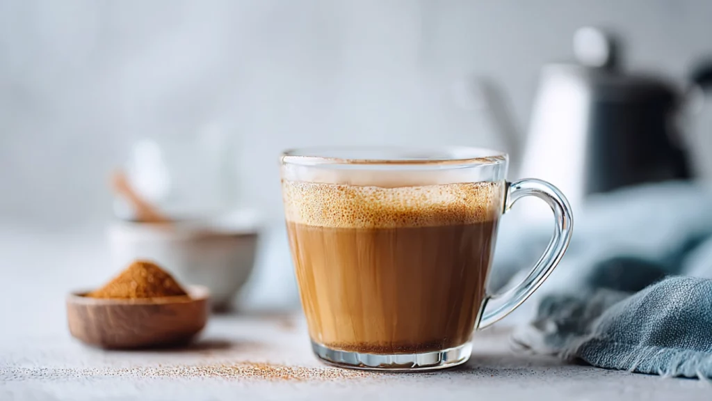 Bright easy homemade coffee in a clear mug, with hot water being poured slowly over fresh grounds, on a light background.