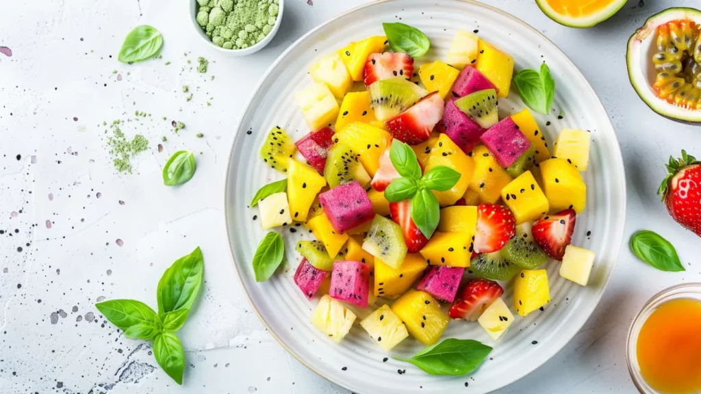 Exotic fruit dessert with mango, pineapple, kiwi, dragon fruit, and matcha basil granita.