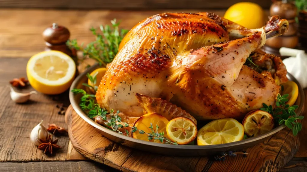 Golden lemon herb roast turkey with lemon slices and fresh thyme.
