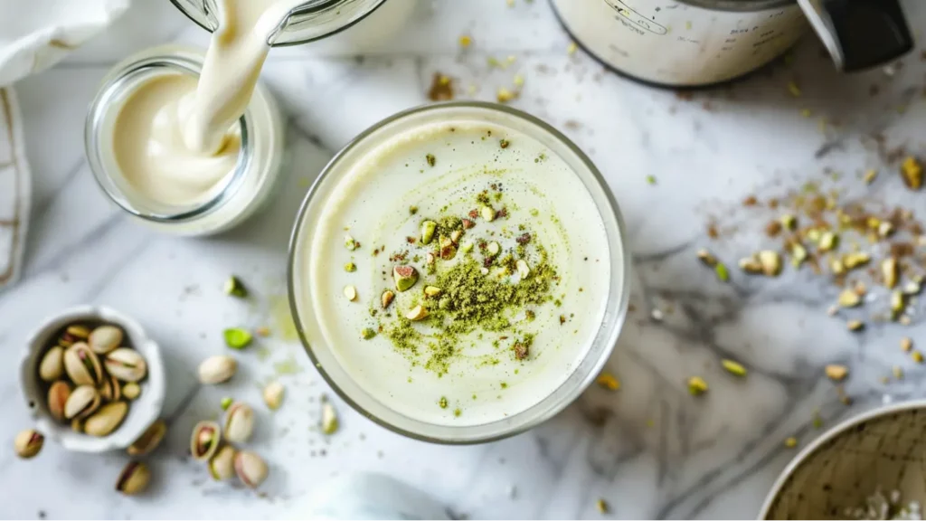 Step-by-step making of a creamy pistachio latte smoothie with milk, pistachio paste, and blended foam in a pastel kitchen setting.