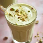 Close-up creamy pistachio latte smoothie topped with crushed pistachios in a pastel cozy setting.