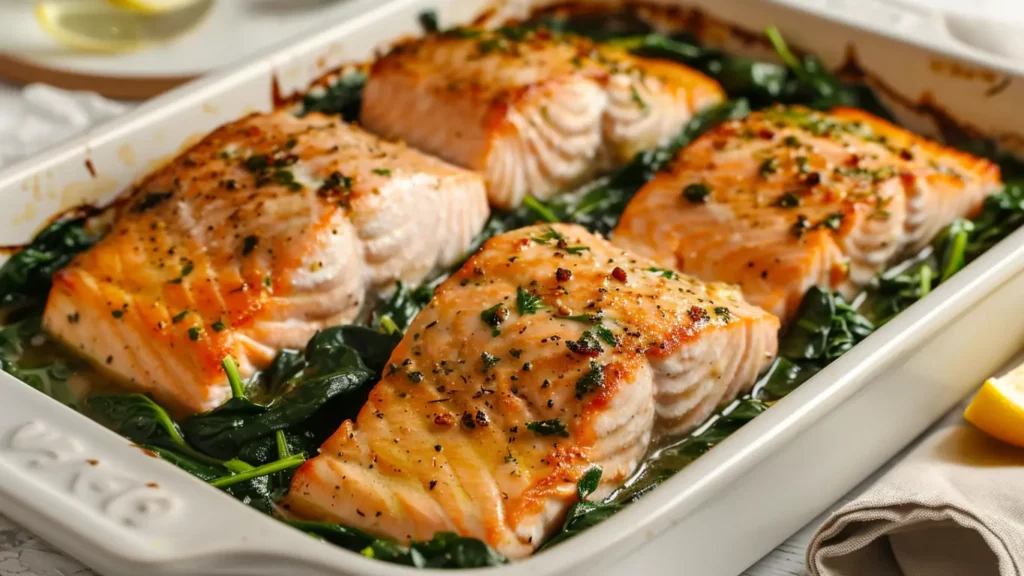 baked salmon with spinach cooked in the oven with fresh spinach and garlic