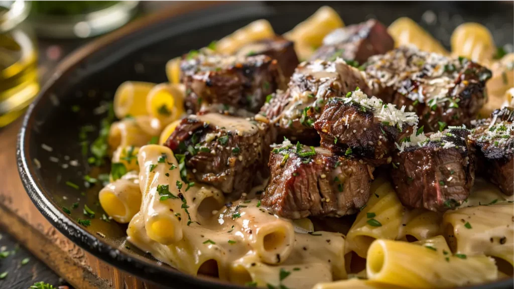 Cajun steak bites served on creamy Parmesan rigatoni.