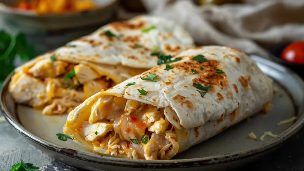 Cheesy garlic chicken wraps with crispy tortilla and creamy filling