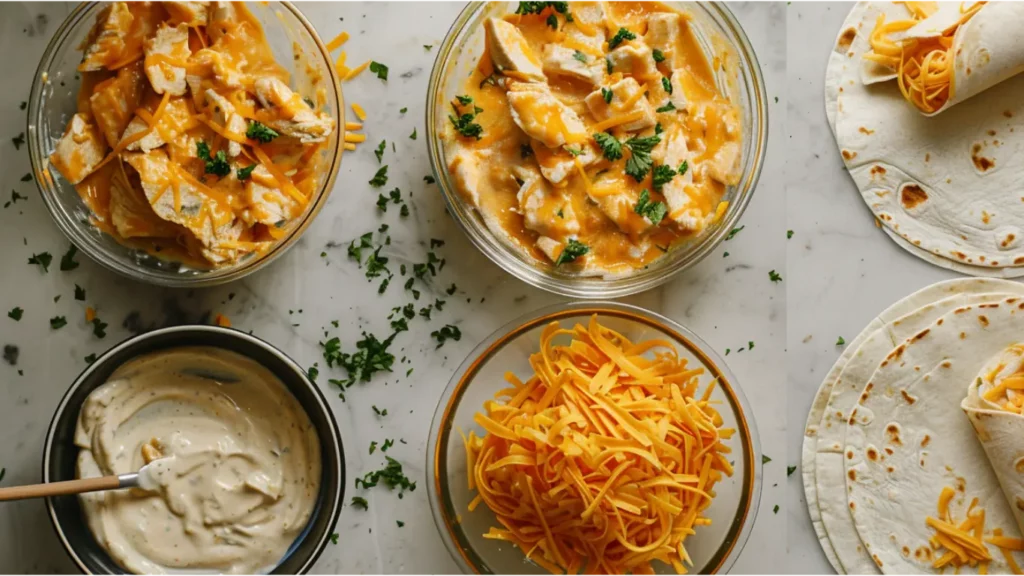 Step by step preparation of cheesy garlic chicken wraps