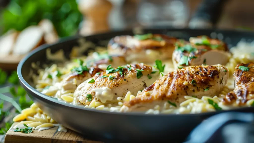 Chicken Alfredo Orzo skillet with seared chicken and creamy sauce