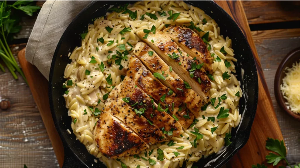 Chicken Alfredo orzo skillet with sliced chicken and parsley