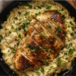 Chicken Alfredo orzo skillet with sliced chicken and parsley