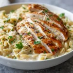 Close-up bowl of creamy chicken Alfredo orzo with parmesan