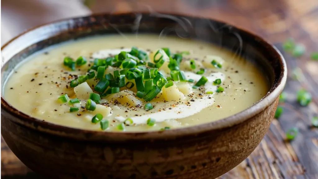 Creamy potato soup recipe served in a rustic bowl with green onions and cream.