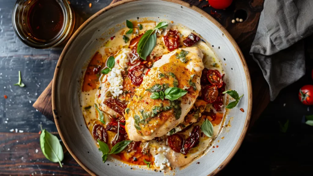 Artistic bowl of creamy Tuscan chicken with basil crumbs.