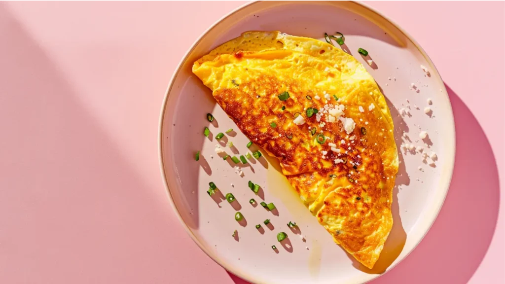 Folded cheese omelet recipe with melted layers on a pastel breakfast table, soft morning light.