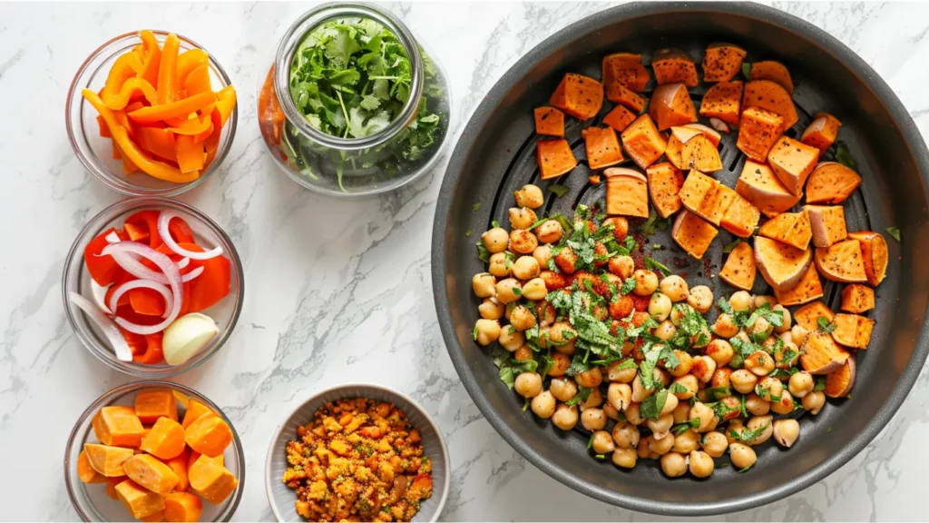 Collage showing step-by-step healthy sweet potato and chickpea casserole.