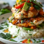 Honey lime chicken layered with avocado slices and rice on a plate, served as a fresh and healthy dinner