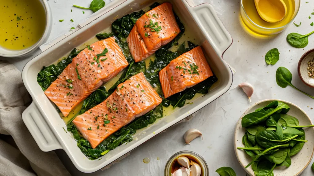steps showing how to make baked salmon with spinach in the oven