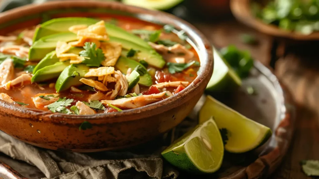 Low carb chicken tortilla soup with shredded chicken and avocado