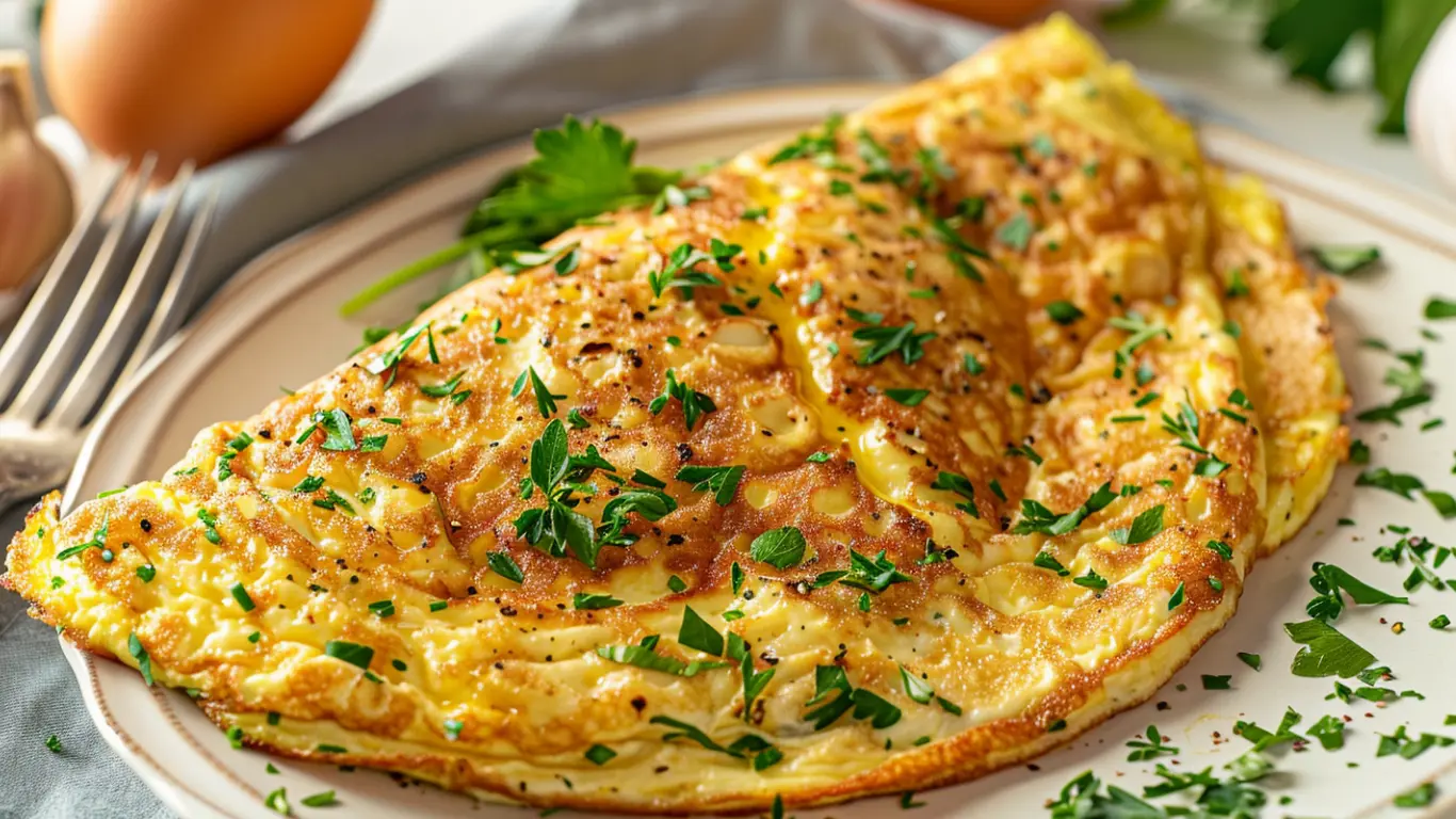 Silky golden omelette classique styled with herbs on a refined breakfast plate.