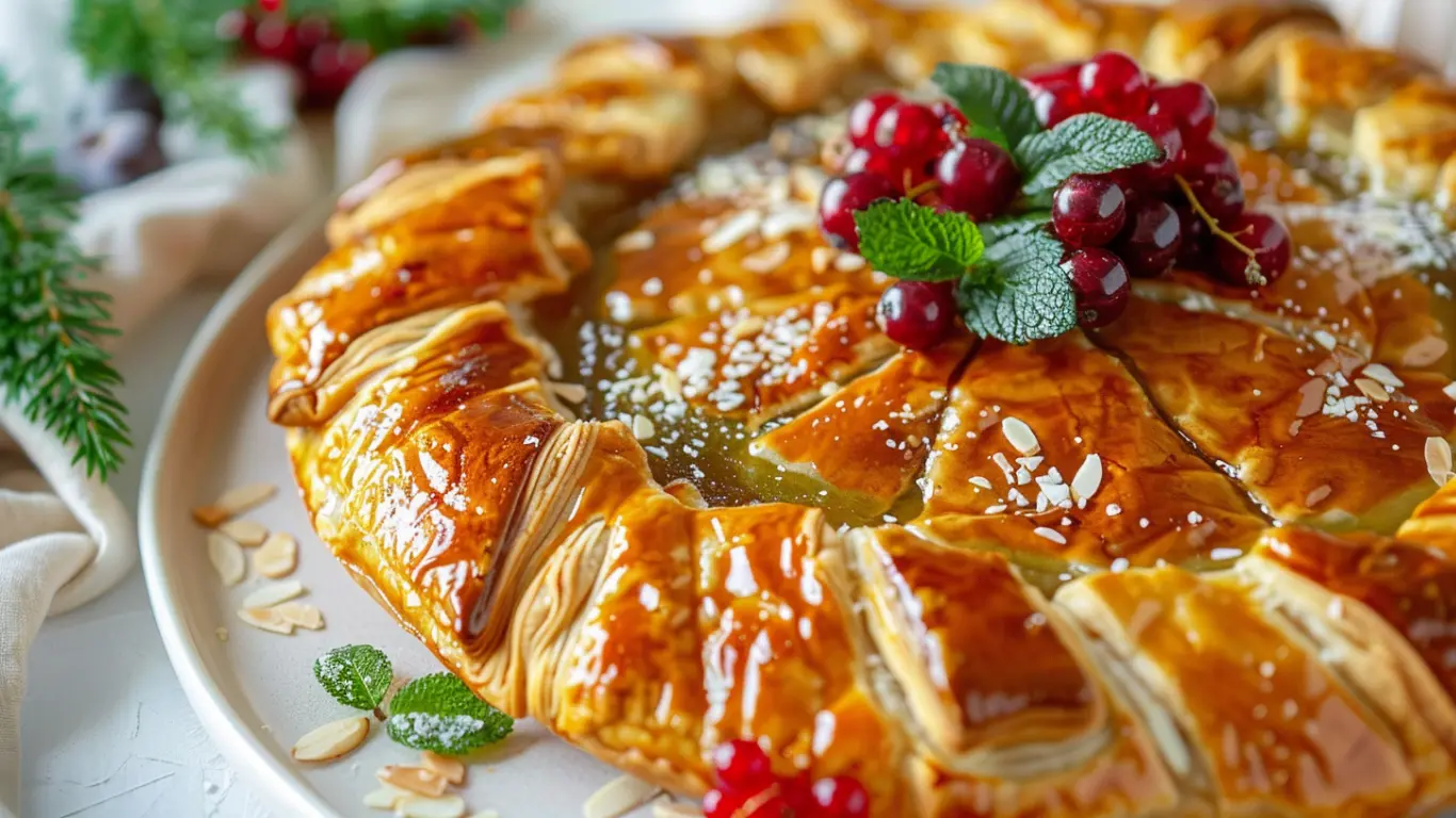 Vegan superfood galette with a soft texture, topped lightly with berries and almonds in natural daylight.