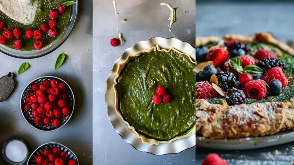 Step-by-step collage showing mixing, cooking, and serving a vegan superfood galette in a calm kitchen setting.