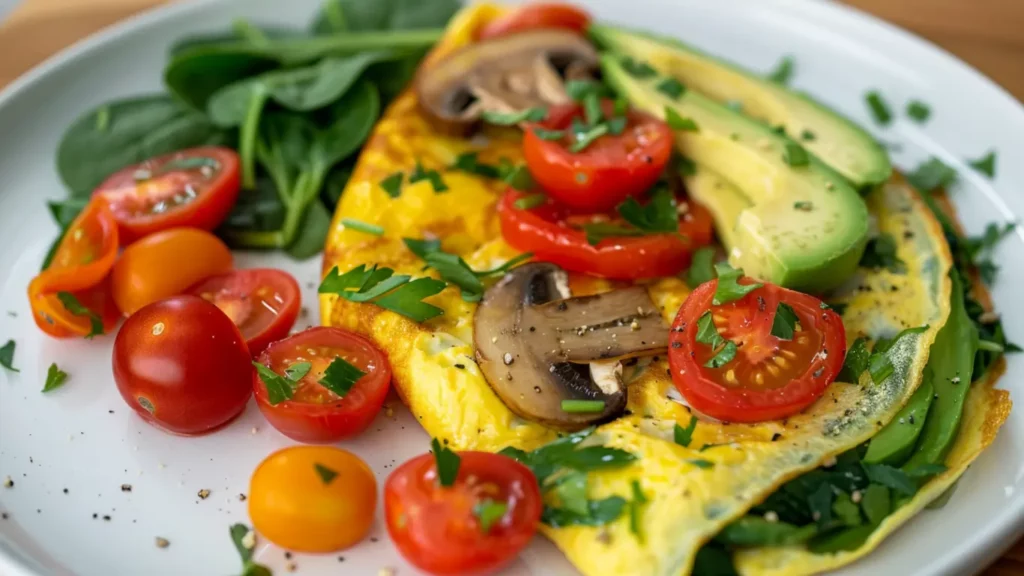 Colorful Vegetable Omelet Recipe with tomatoes, spinach, mushrooms, and silky eggs on a white plate.