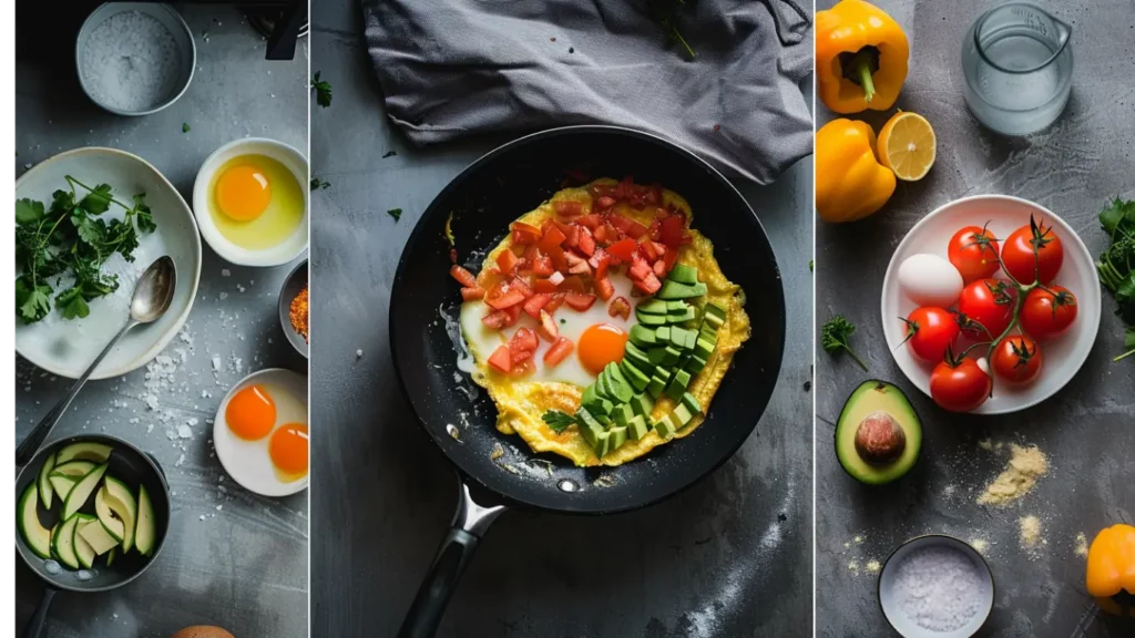 Collage showing preparation steps for a Vegetable Omelet Recipe with chopped vegetables, cooking, folding, and plating.