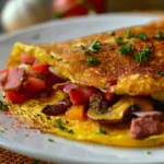 Close-up of a folded Western omelet with melted cheese and colorful peppers.