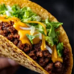 Extreme close-up of a Beef Smash Burger Taco showing the crispy beef edges, melted cheese, and fresh vegetables.